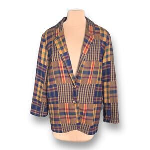 Vintage 90s Blazer Jacket Oversized Boxy Colorful Plaid Flannel Patchwork Preppy
